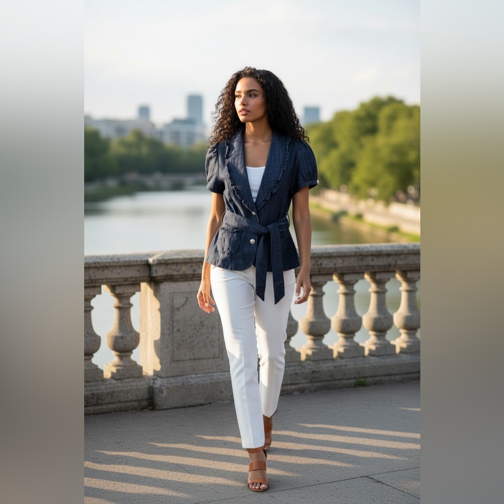 Karlie Dark Blue Ruffled Blazer Blouse Sz M